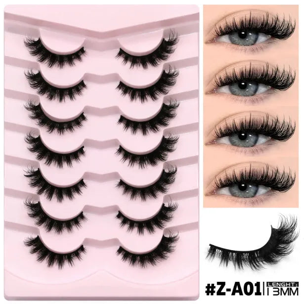 Natural false eyelashes in box with adhesive glue, artificial fibre construction in thick natural long style
