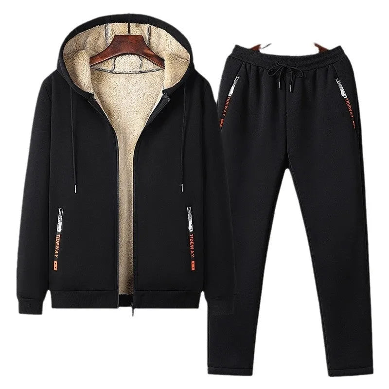 Winter fleece-lined thick lambskin coat set with cotton fabric in black, long sleeve top and trousers
