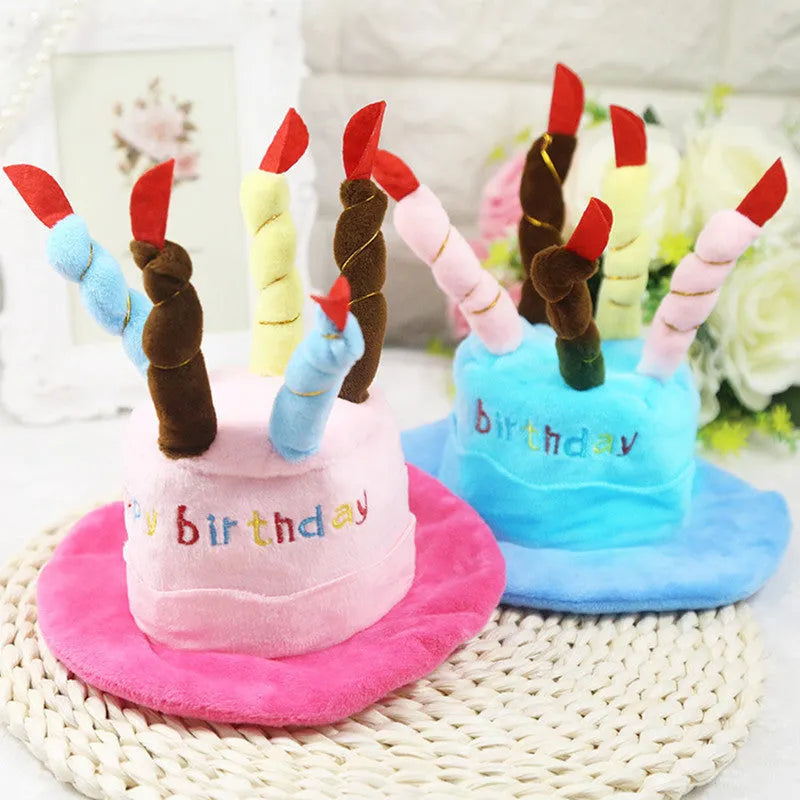 Blue or pink felt dog birthday hat for small to medium sized dogs, approximately 21cm by 15cm