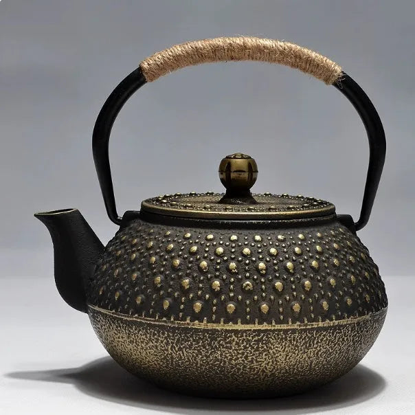 Japanese cast iron teapot with decorative pattern and enamel interior, 0.9L capacity