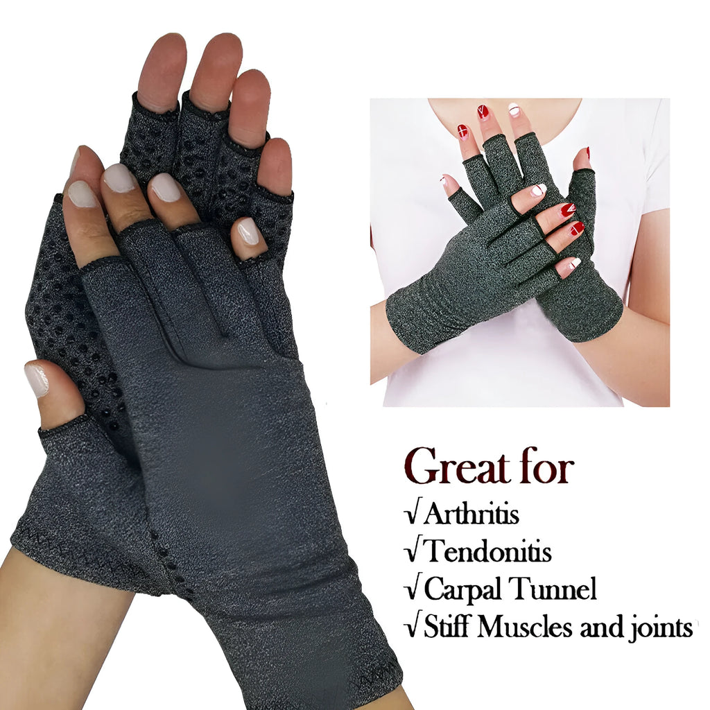 Grey half-finger joint compression gloves made from polyester and spandex fabric, shown on a hand.