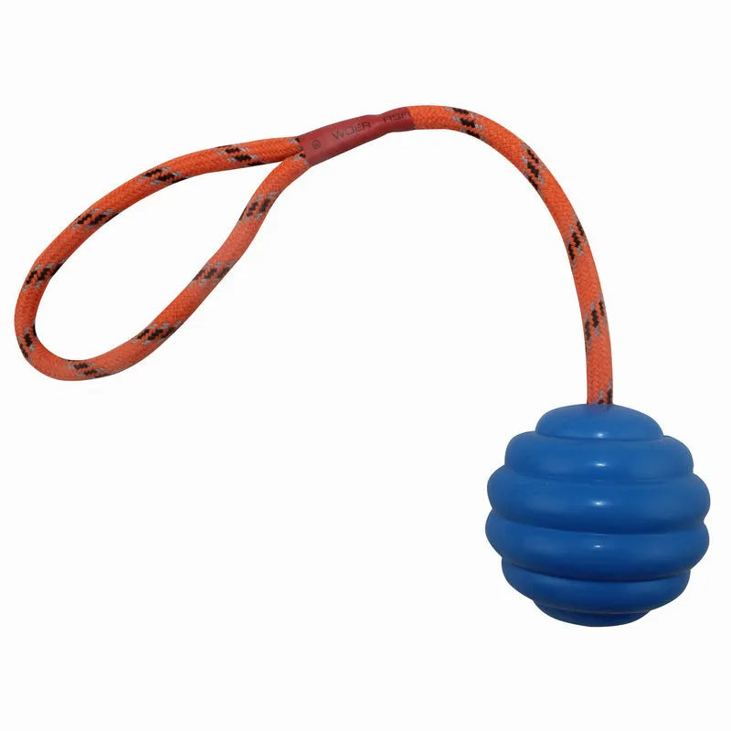 Rubber dog training ball with rope knot texture in assorted colours