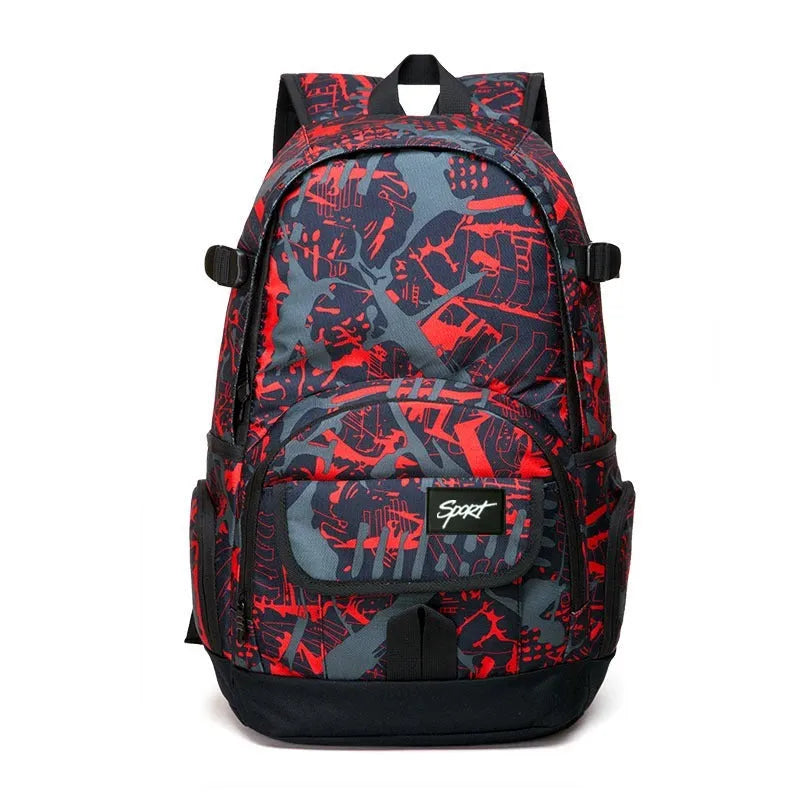 Classic large blue nylon backpack and classic large red nylon backpack side by side.