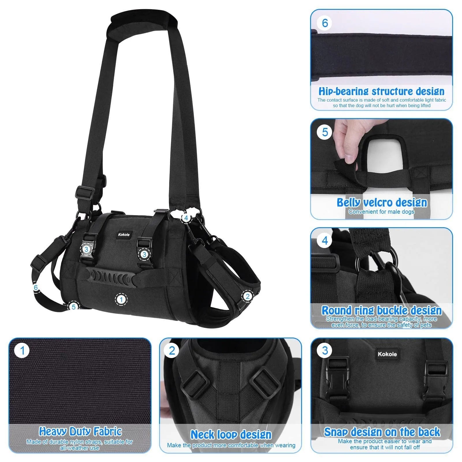 Black Oxford cloth dog harness with breast strap and leg support shown on canine model