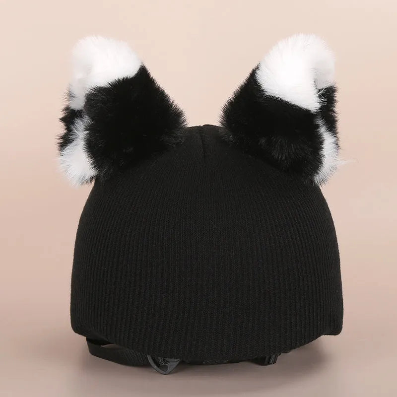 A plush fabric helmet cover with cartoon character ears, shown in size M for bicycle or motorbike use.