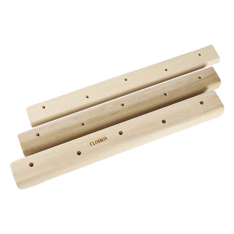 Set of three solid wooden grip training finger boards in 12cm, 40cm, and 50cm lengths.