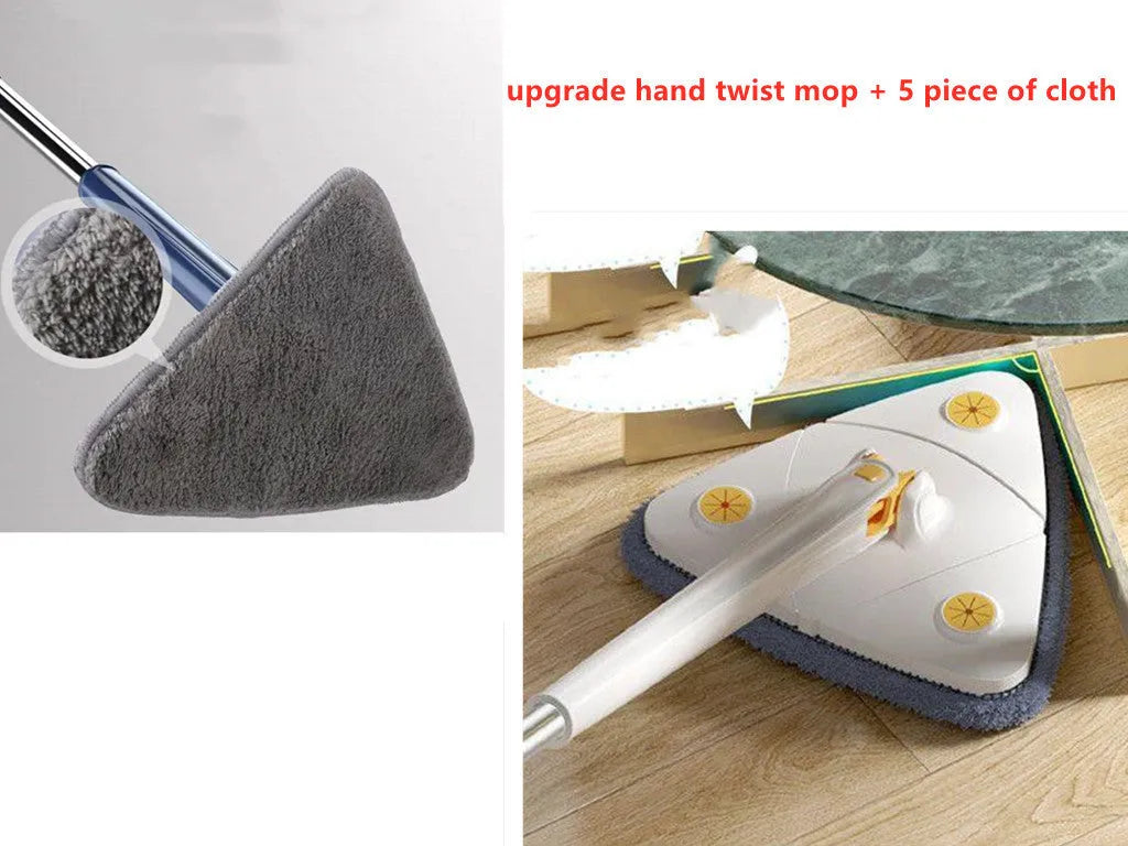 Blue triangular cleaning mop with 360-degree rotating head and adjustable stainless steel pole extended for use
