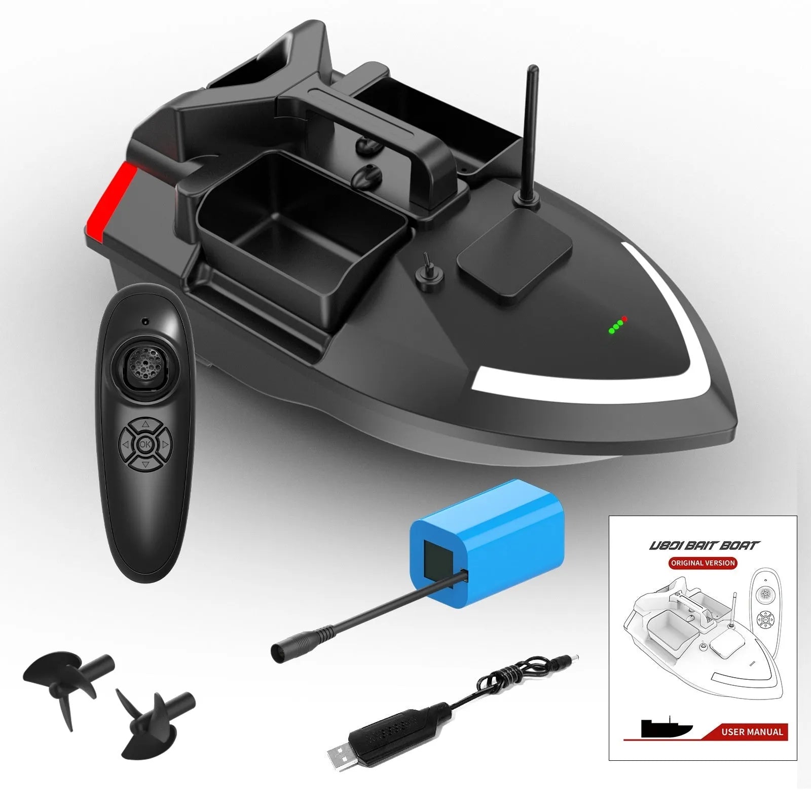 V020 GPS remote control fishing boat in black with remote control unit