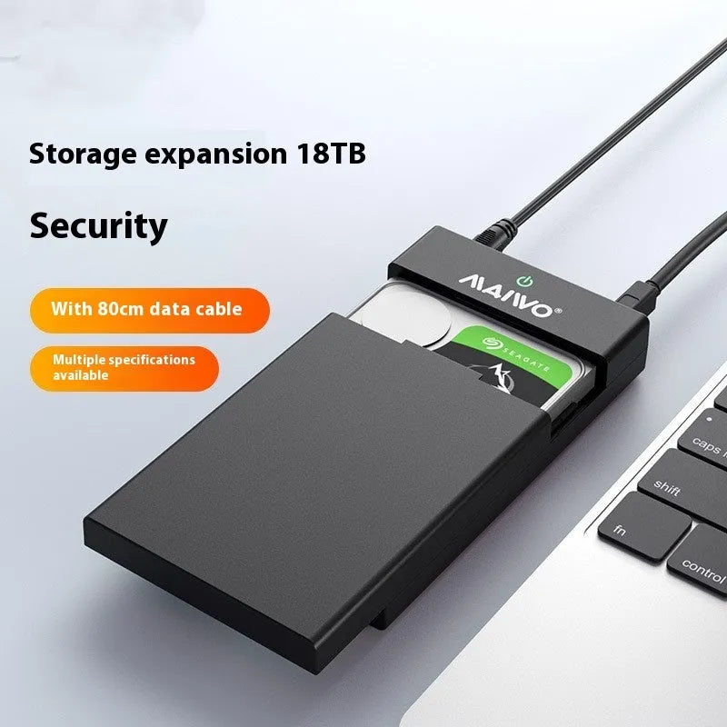 Black and silver 3.5-inch SATA to USB hard drive enclosure with power adapter and data cable