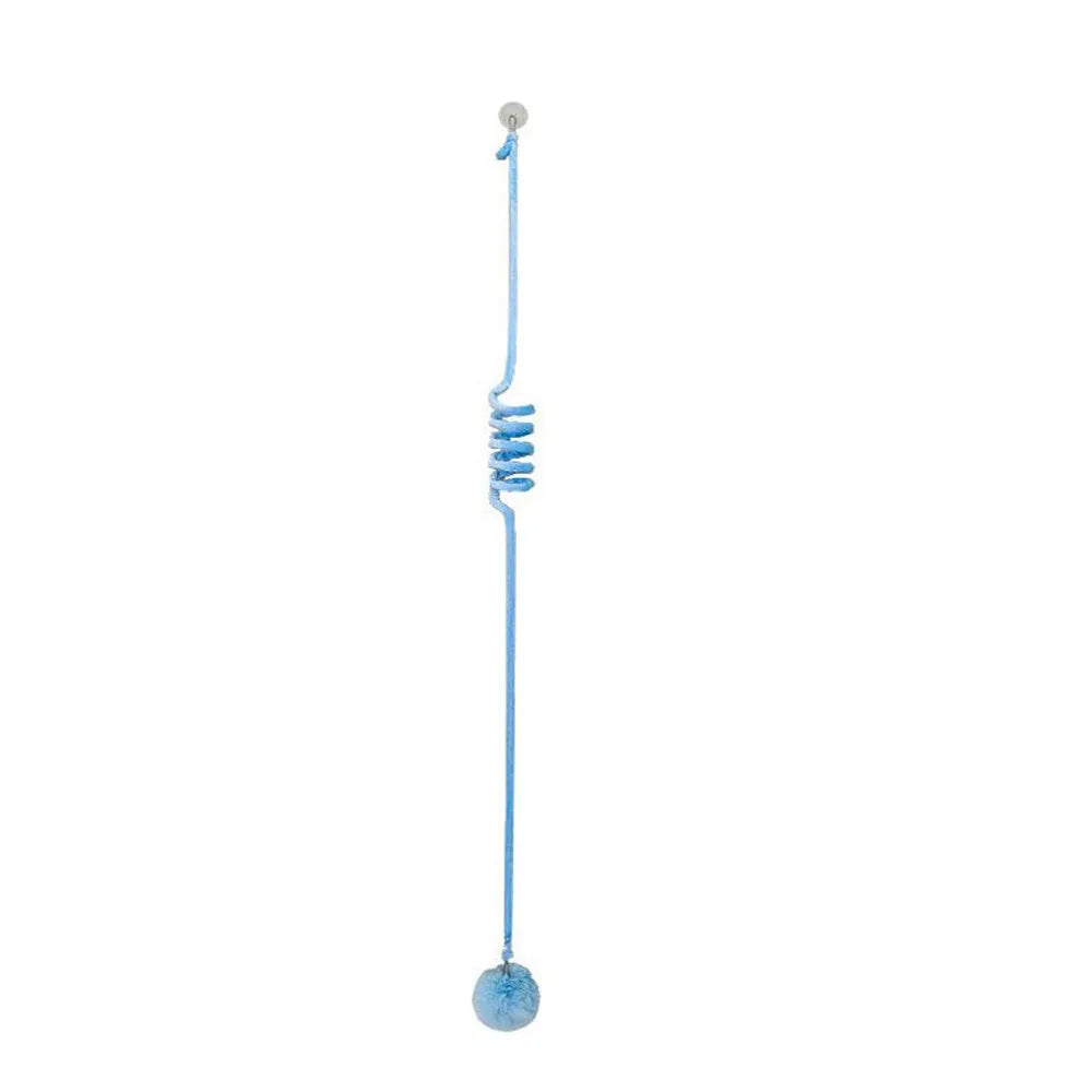 Cat toy with colourful inflatable bell ball on flexible wand and suction cup for door mounting