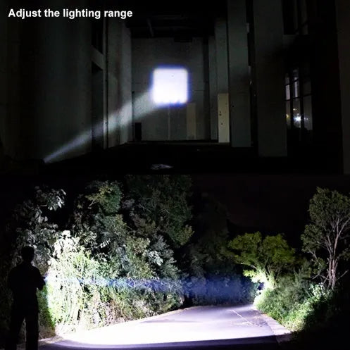 Black aluminium mini LED flashlight with telescopic zoom and belt clip showing three lighting modes