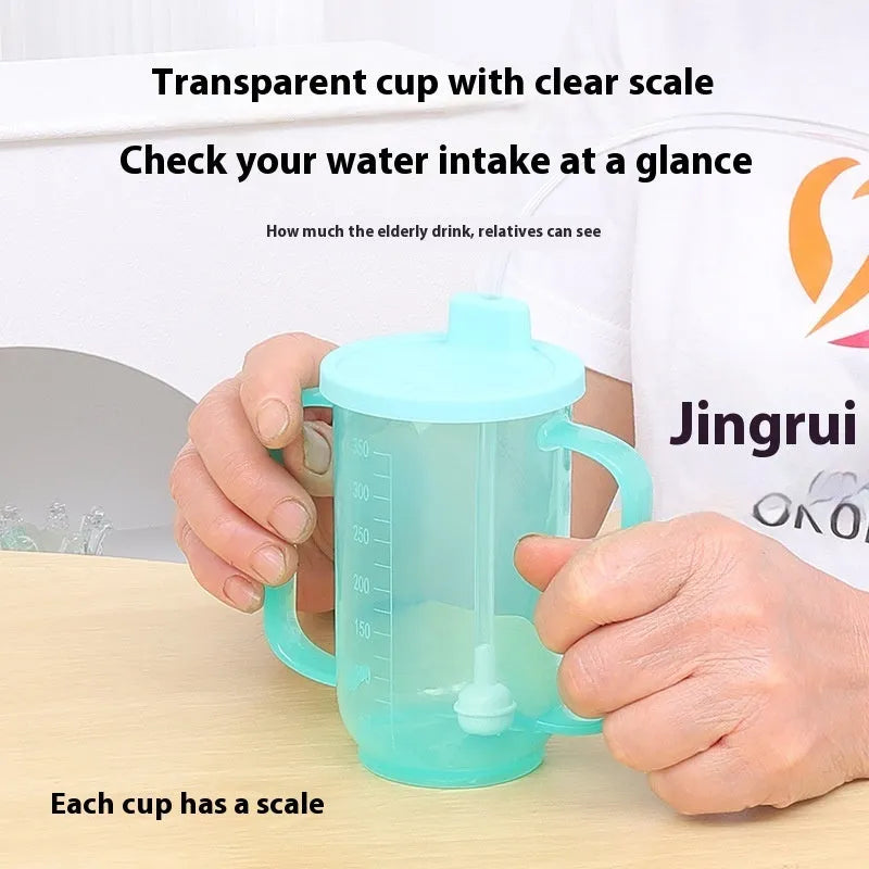Oblique mouth bedside drinking cup with handle and optional wrist splint for elderly and pregnant users