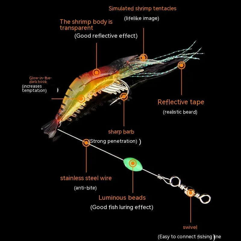Six soft fishing lures with hooks in different colours including luminous and transparent variations