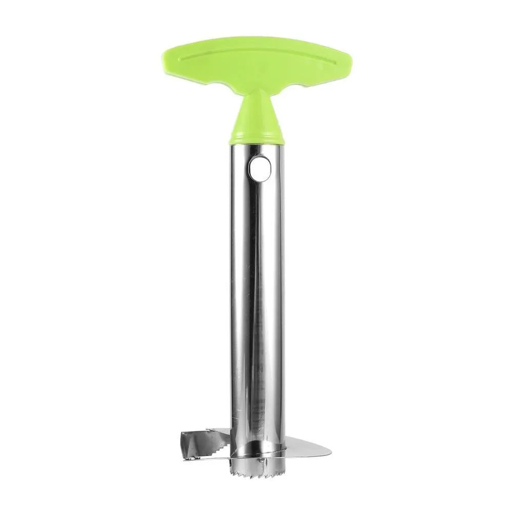 Stainless steel pineapple peeler with black handle and coring blade, 83.7 mm width, shown on white background
