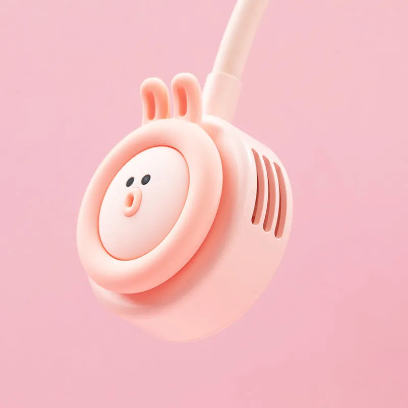 Pink folding neck fan showing leafless airflow design with USB charging port