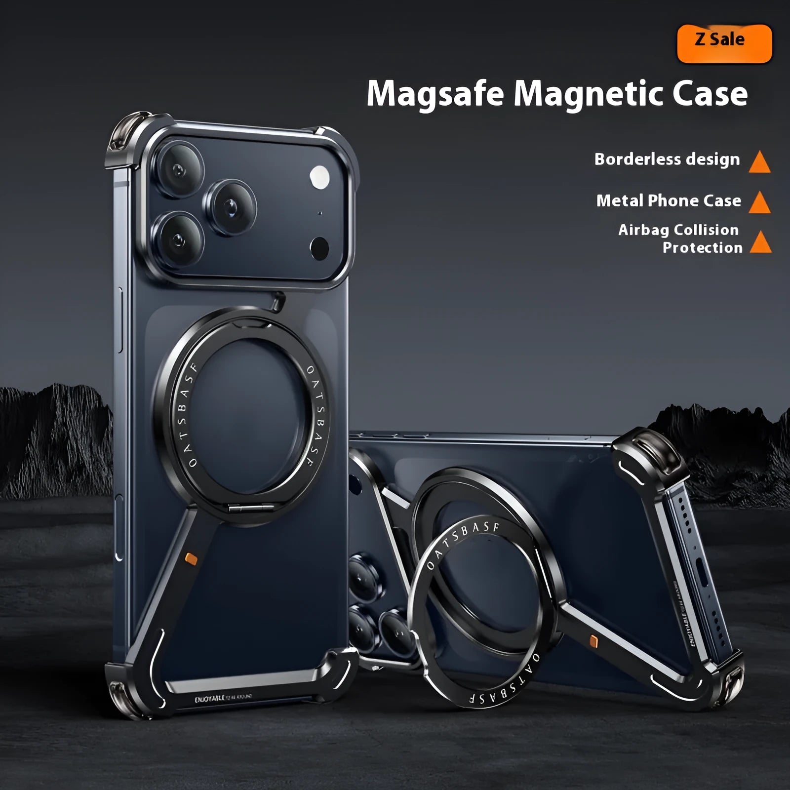 iPhone 17 Pro Max metal phone case with magnetic bracket in black colour showing business style design