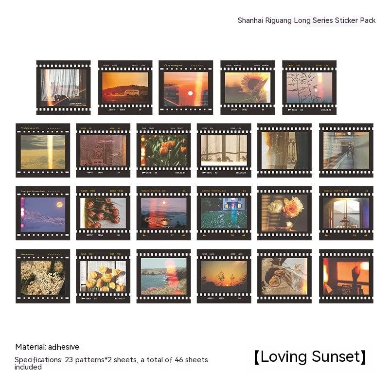 Nordic mountain and sea sunshine decorative stickers in 44mm square format with six design variations
