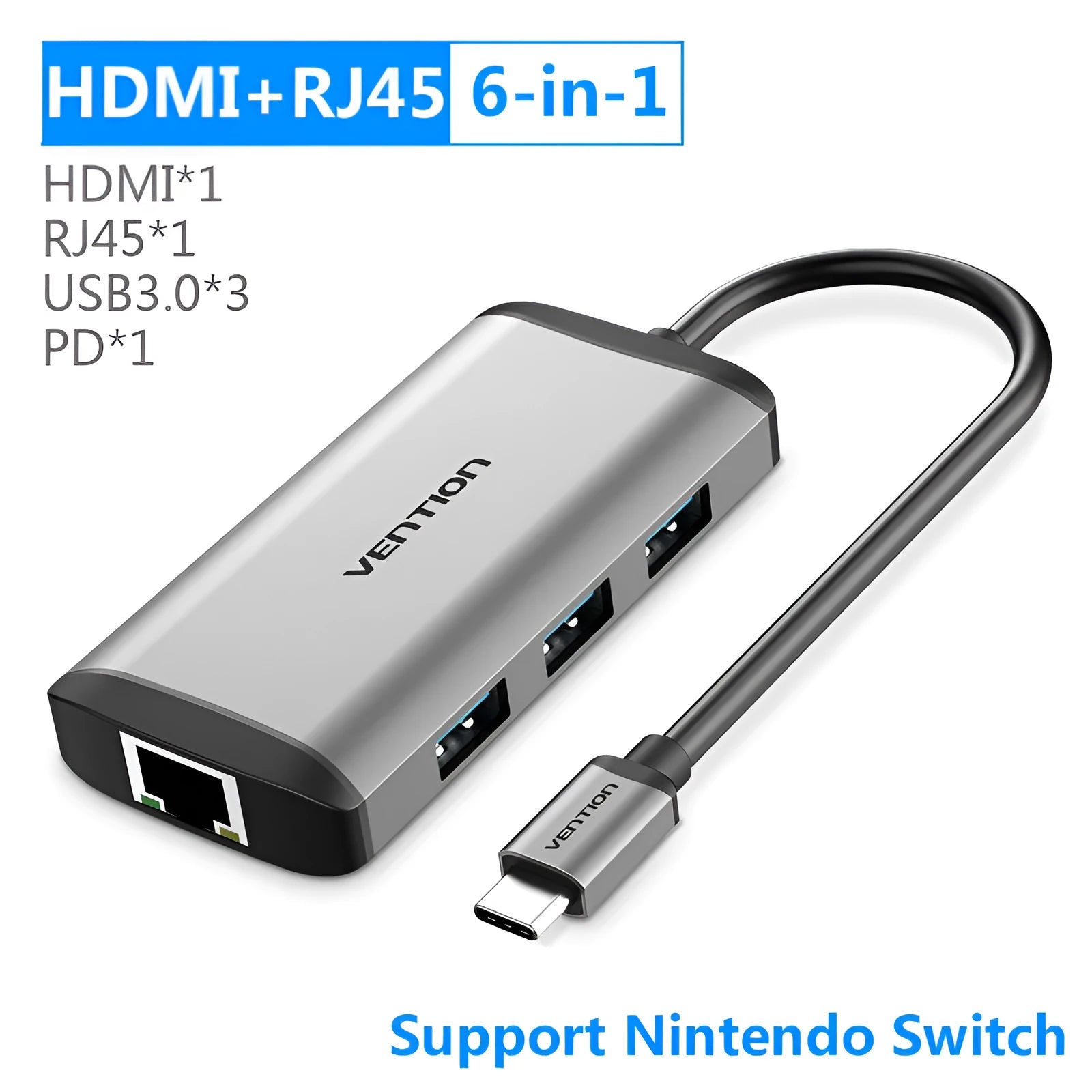 Deep grey USB-C multi-port hub with HDMI, three USB ports, Ethernet, and memory card slots on a desk.