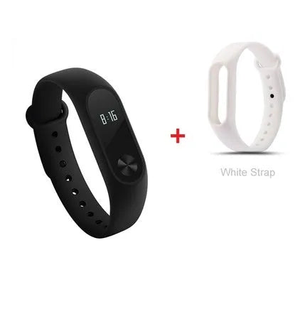 Black Xiaomi Mi Band 2 fitness tracker on wrist showing OLED display with heart rate data.