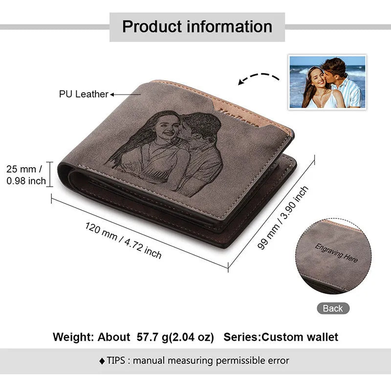 Coffee coloured engraved horizontal short wallet showing personalisation and compact 120x99x25mm dimensions