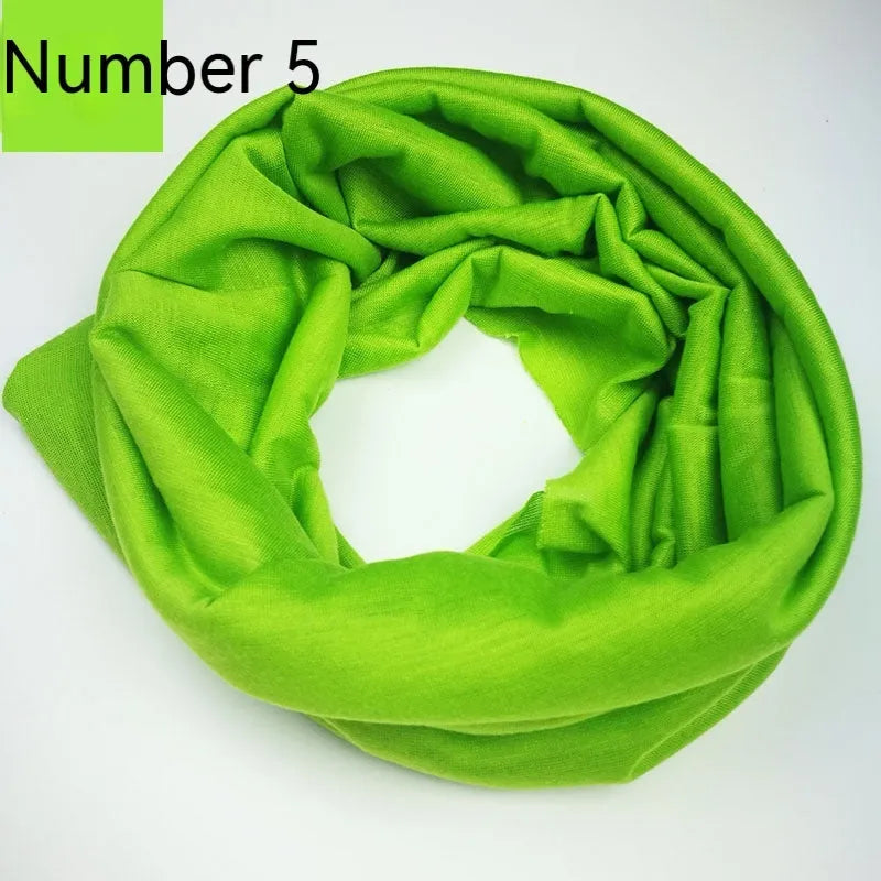 Polyester magic headscarf for outdoor sports in a free size, shown in various colour options.