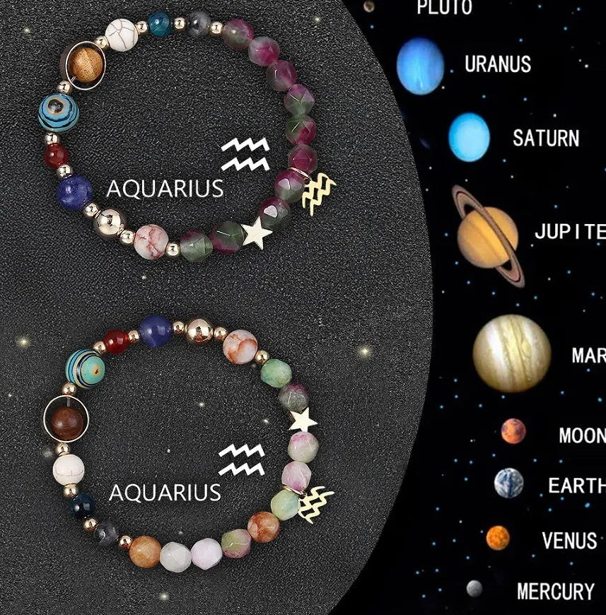 Set of twelve natural stone beaded bracelets, each representing a different zodiac sign.