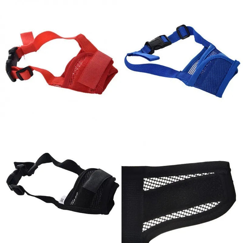 Adjustable plastic dog muzzle in assorted colours on a size chart showing measurements from 12cm to 34cm.