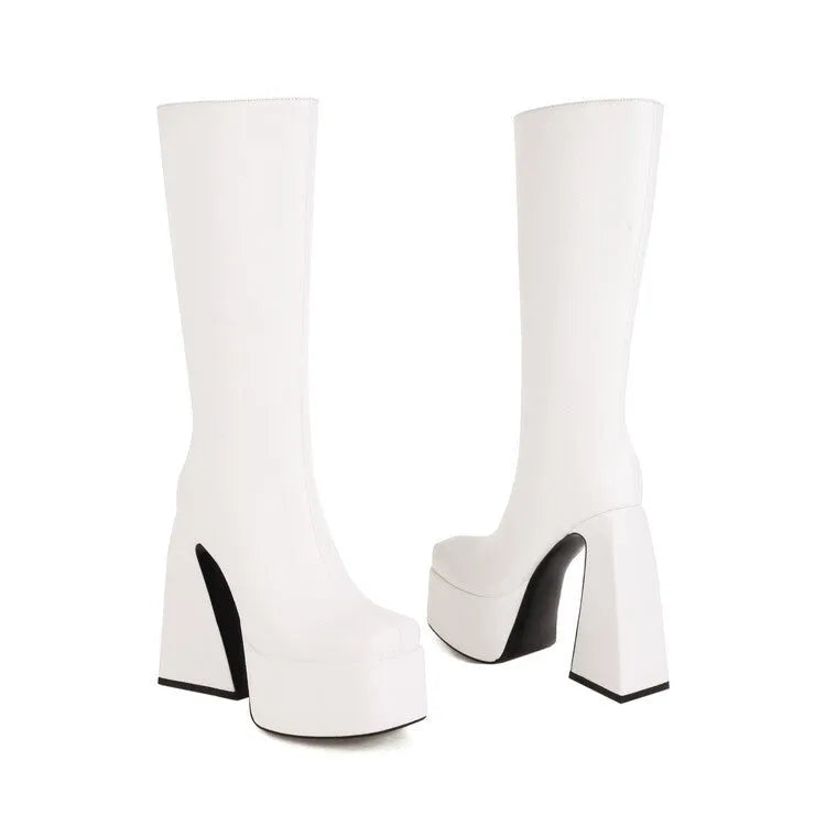 Women's black high boots made from artificial PU leather showing ankle-high casual design