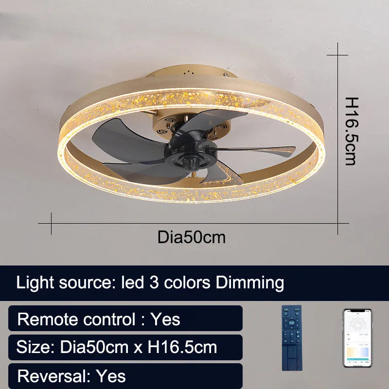 Nordic design remote control ceiling fan lamp with light, 50cm diameter in coffee gold finish.