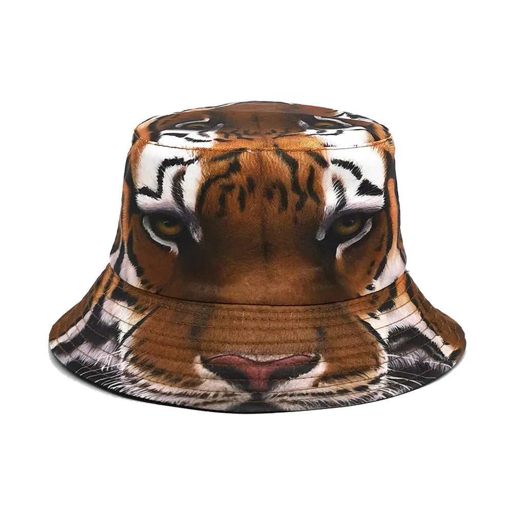 Tiger pattern polyester bucket hat with dome crown in khaki or black colour
