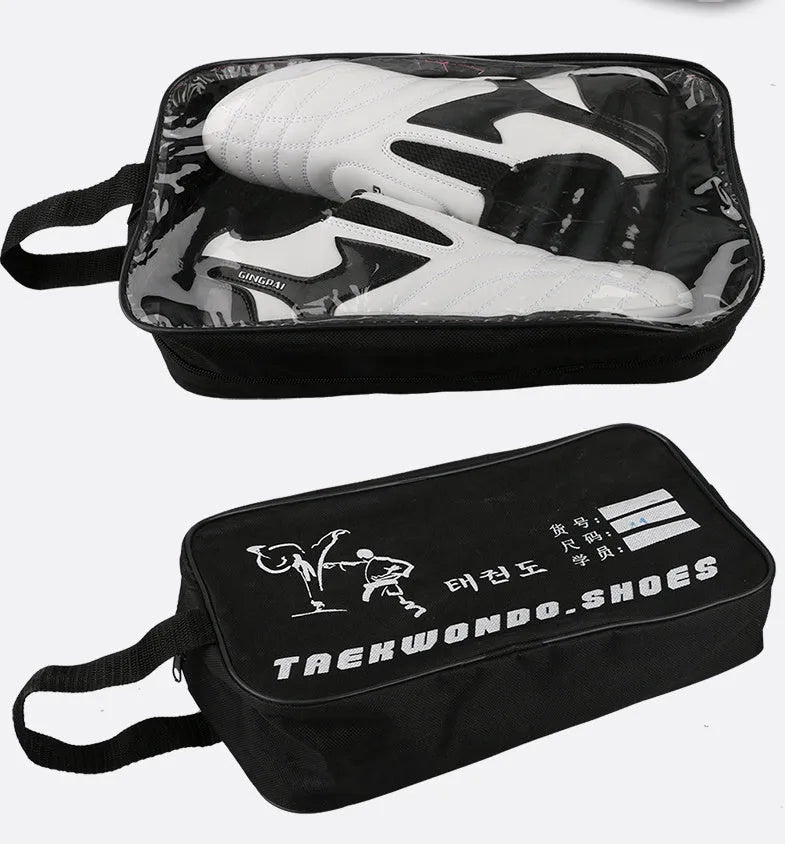 Black and white children's boxing shoes with soft bottom construction for martial arts training