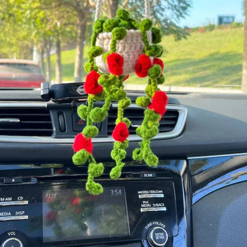 Green and white knitted car plant decoration with hanging rope on 8cm plastic base
