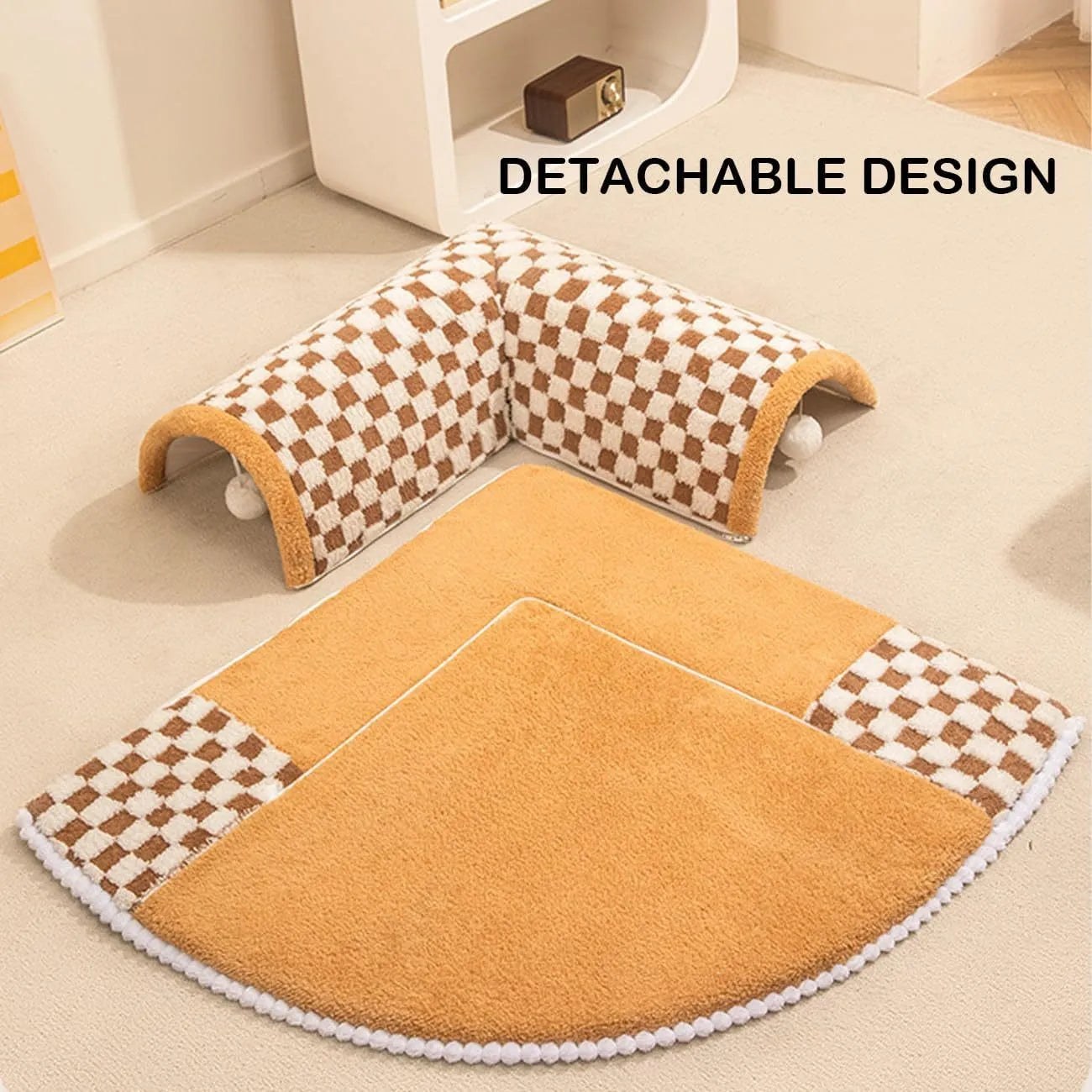 XL sized fan-shaped plush pet bed with a tunnel entrance and a thick sleeping mat, in a coffee colour with an anti-slip granular base.