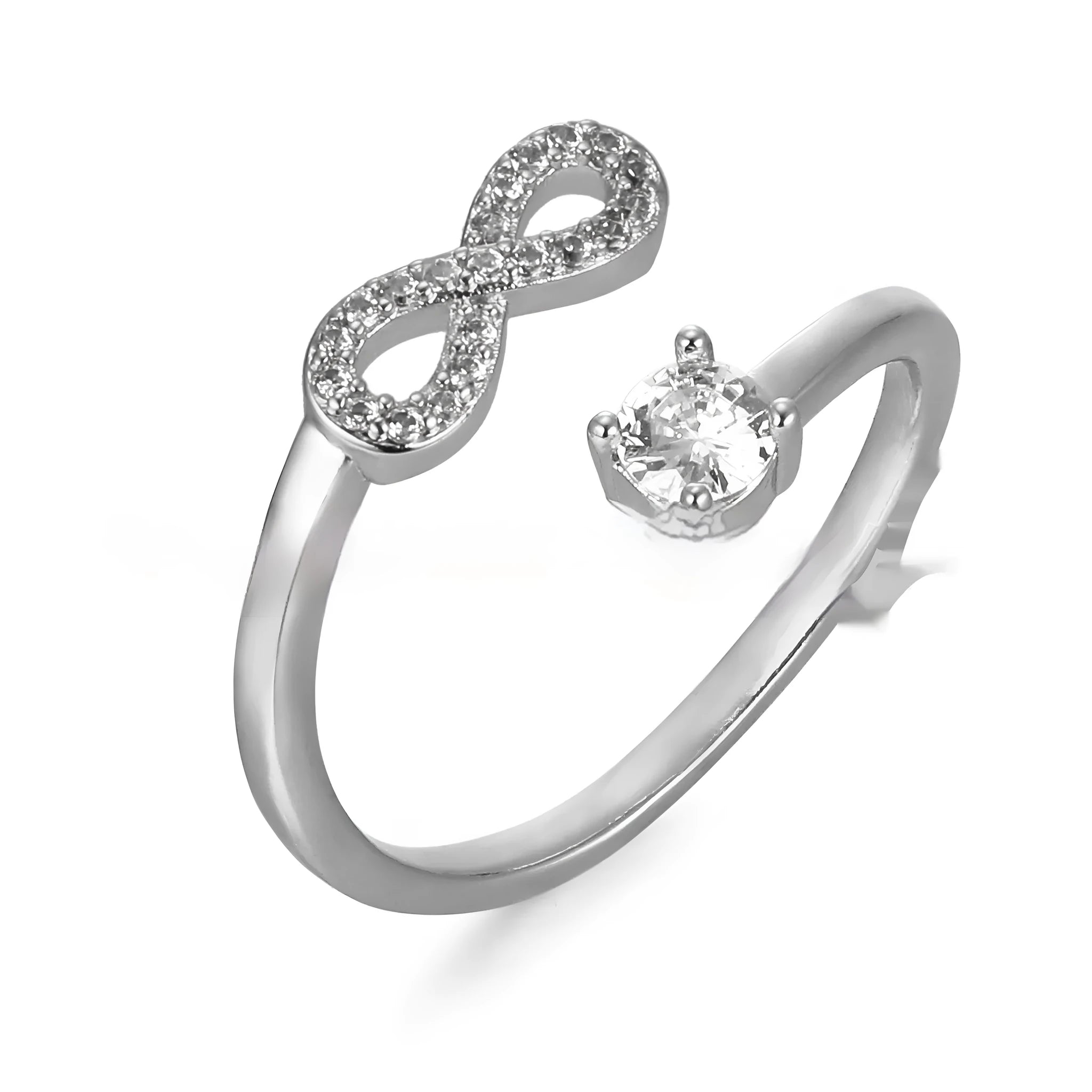 Geometric open ring with zircon inlay displaying custom English letter on metal band