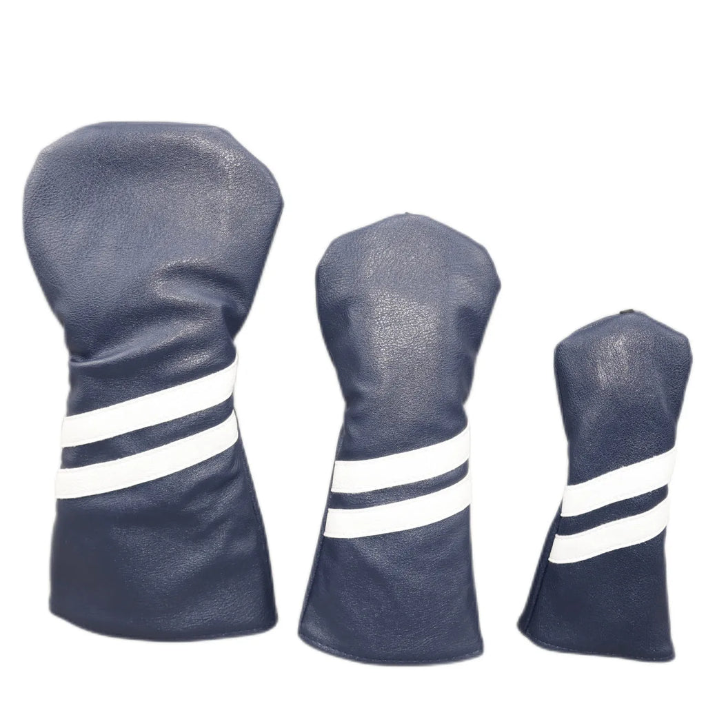 Oblique double stripe golf club head cover in PU material, shown in blue on a golf club.