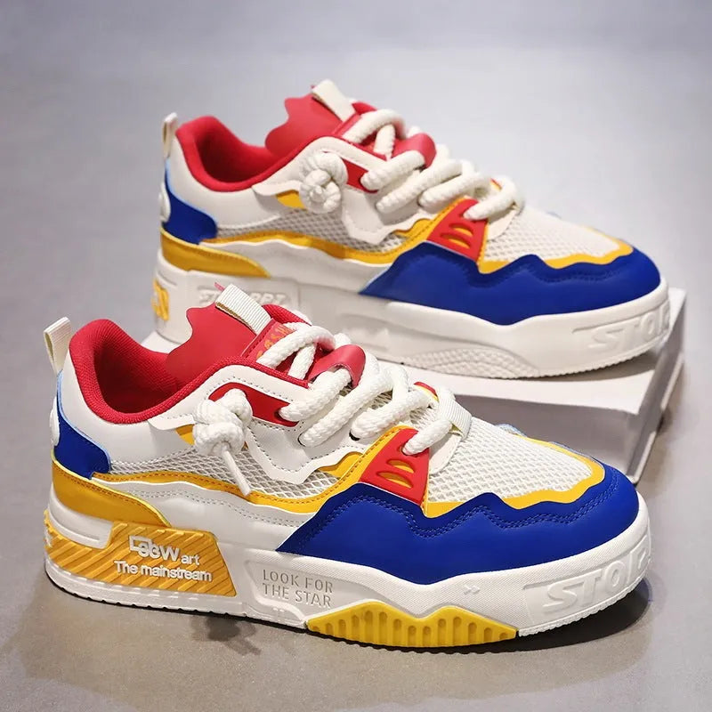 Men's board shoes with rubber soles in white and yellow, white and black, and beige colour options