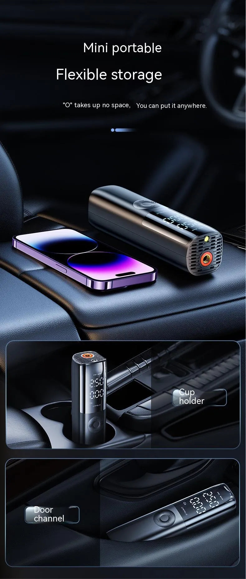 Black portable car tyre air pump with pressure gauge display and plug-in cable