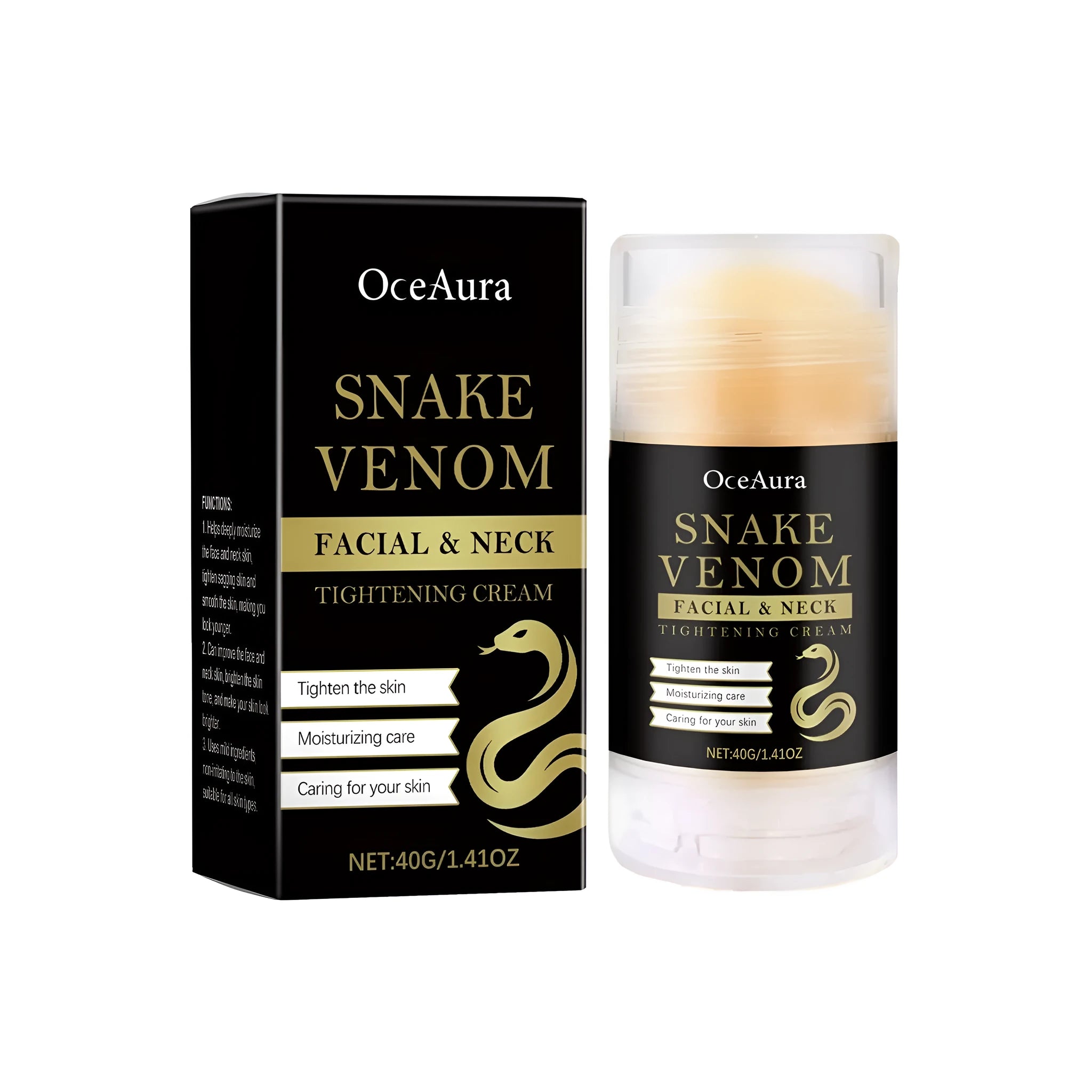 40g stick of tightening cream containing synthetic snake venom peptide and vitamins C and E.