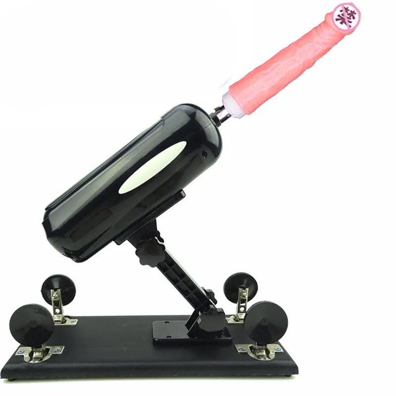 Purple automatic telescopic thrusting sex toy for women on a neutral background