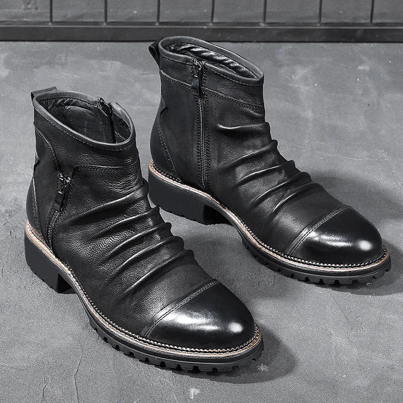 Men's black artificial PU leather cowboy boots with side zipper and round toe.