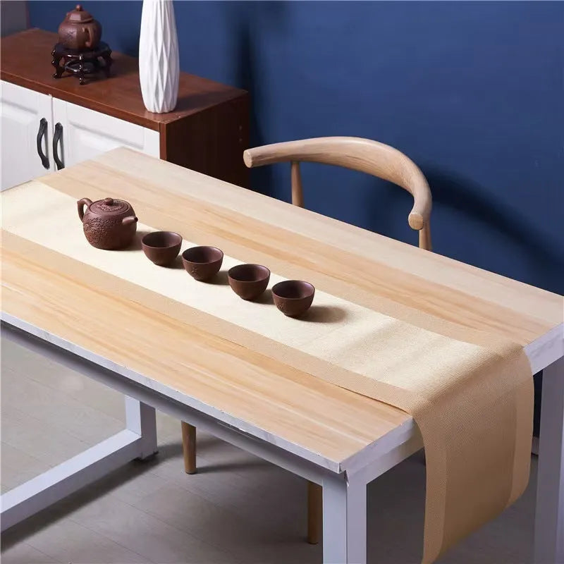PVC non-slip dish mat in gradient bamboo design protecting kitchen worktop with dishes