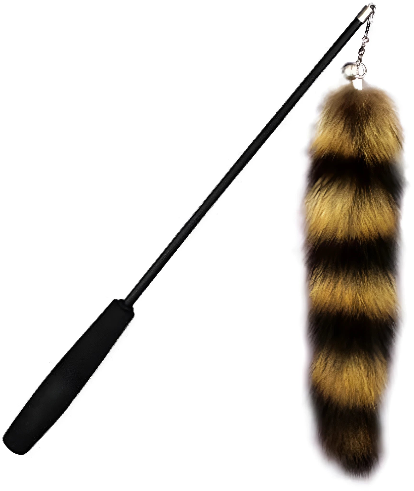 Black cat toy wand with elastic string, measuring 42cm long.