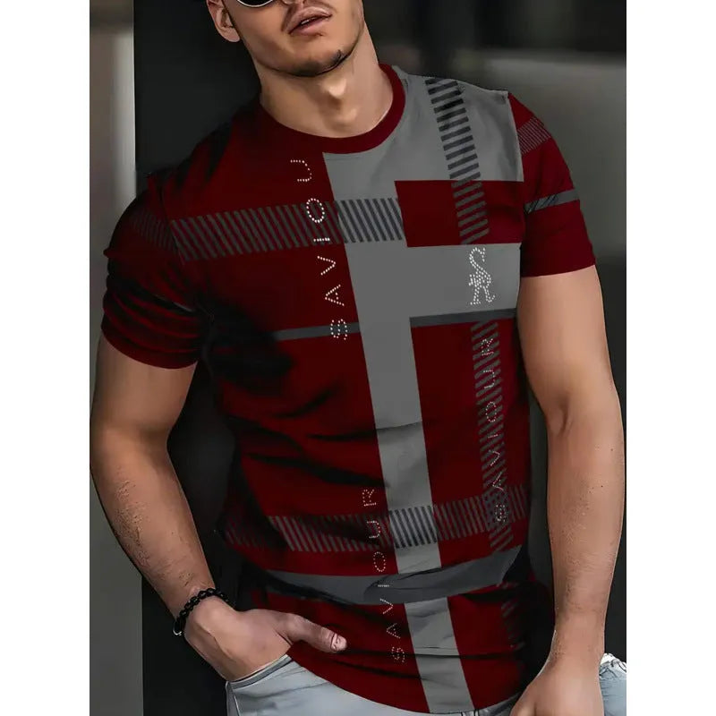 Men's loose fit short-sleeved T-shirt with digital 3D printed stripes pattern, available in multiple colours and sizes up to 5XL.