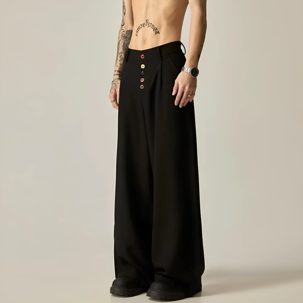 Men's solid black vertical tube wide-leg casual trousers with a button fly and straight-leg style.