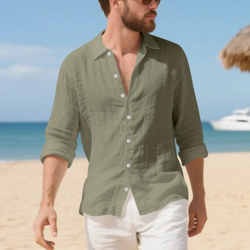 Linen American-style casual shirt in loose fit with non-ironing process