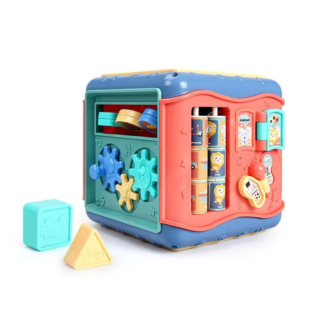 Colourful hexahedron educational cube with bead mazes, gears, numbers, and vehicle graphics