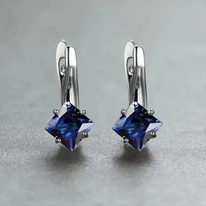Copper diamond design earrings with inlaid zircon stones in blue, green and colour variations
