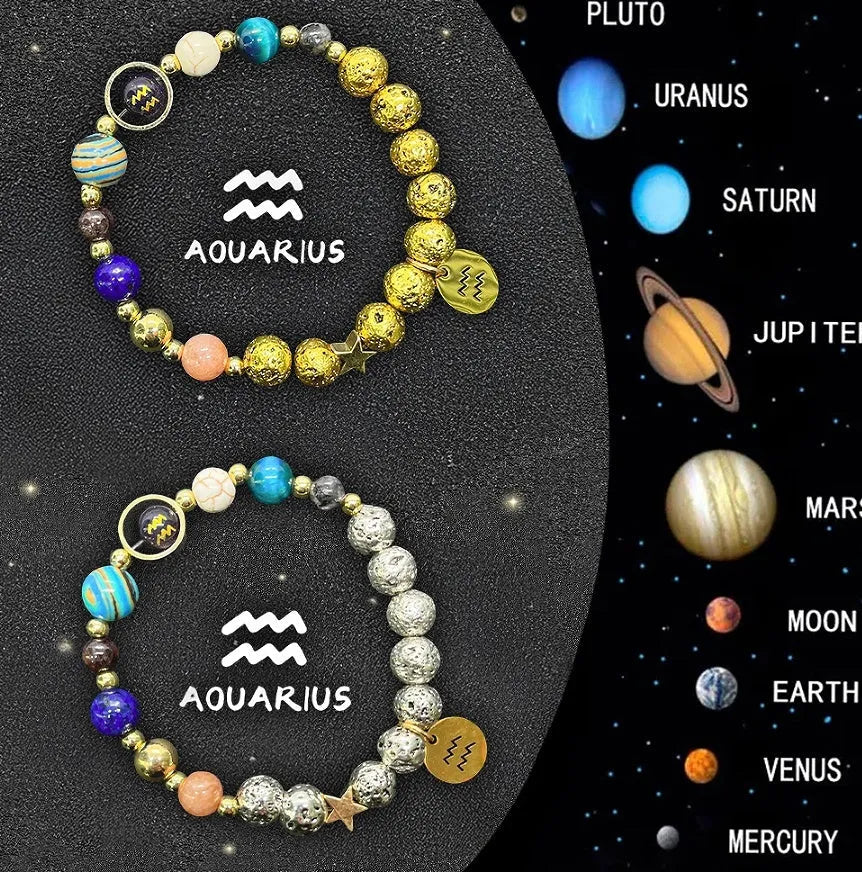 Set of two natural stone beaded bracelets with twelve different zodiac sign designs.
