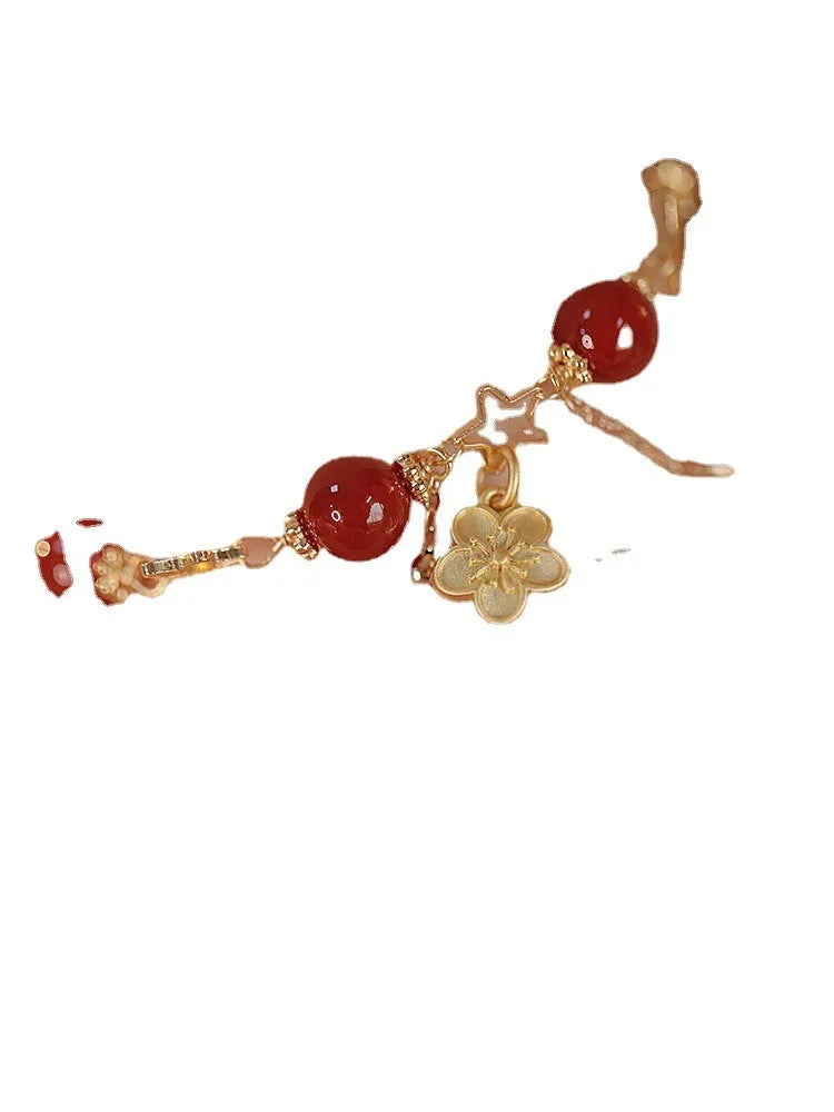 Red agate double layer bracelet with floral patterns for women