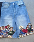 Men's blue cotton tapered shorts with Jesus print design on back pocket showing micro elasticity fabric